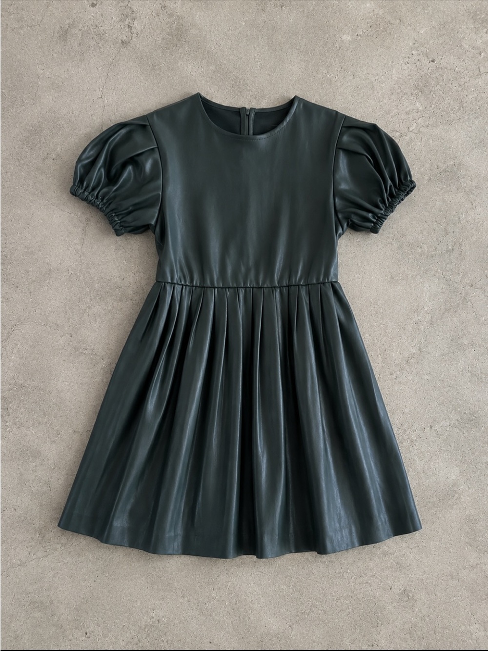 Zara Kids Faux Leather Puff Sleeve Pleated Dress Girl 6 116 Green Luxury